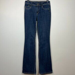 l.e.i Sophia Hip Hugger Jeans Juniors Sz 5LONG Flare Leg Mid Rise Dark Wash